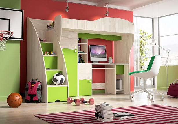 Kinderbett mit schreibtisch und kleiderschrank