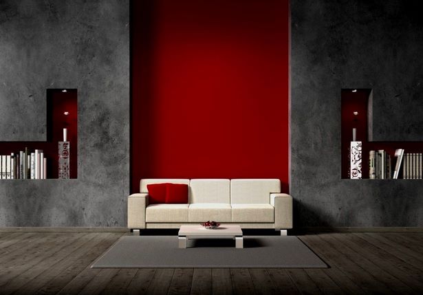 Wandgestaltung wohnzimmer grau rot